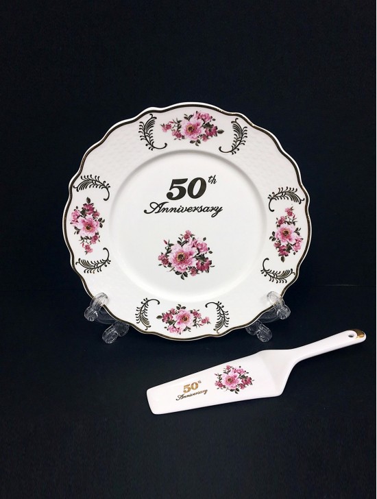 Porcelain 50th Anniversary Cake Plate w/ Server (English) With Gift Box